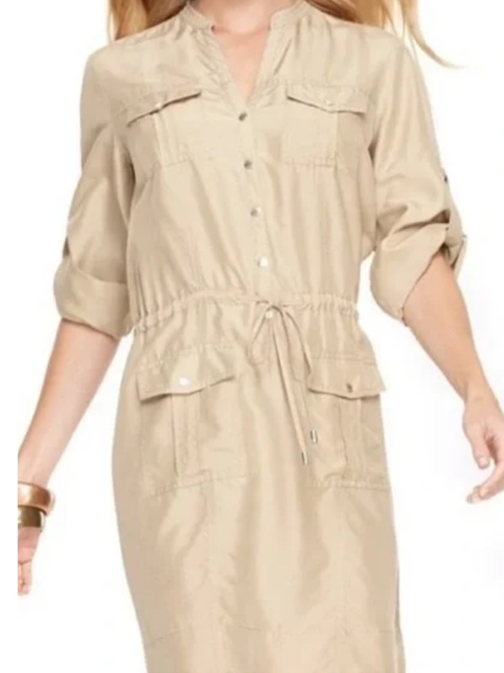 Michael Kors 100% Silk Safari Shirtdress | Khaki Tan Small | Flawed Gem